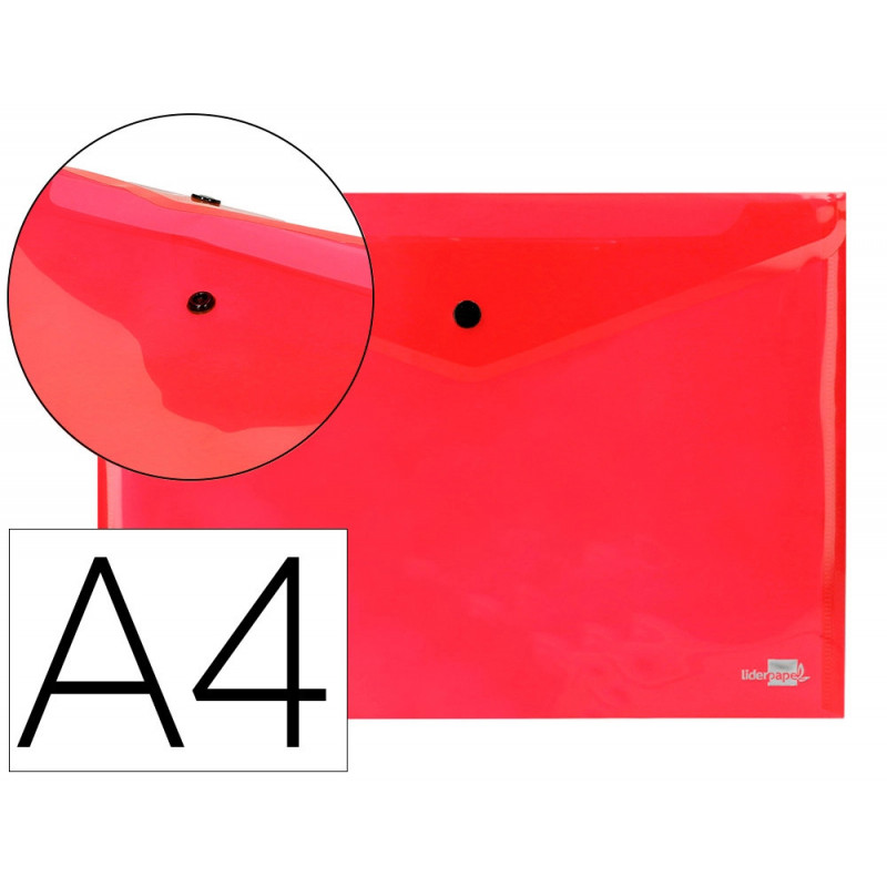 Pochette enveloppe liderpapel polypropylène 180 microns a4 297x210mm 50f fermeture bouton résistant transparent rouge