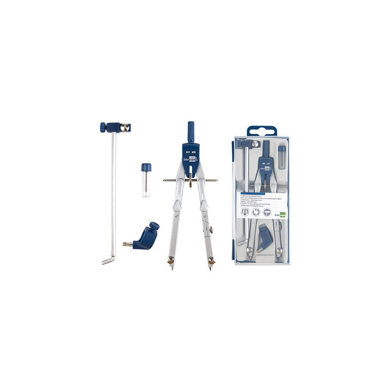 Compas liderpapel micrométrique articulé circonférence 38cm allonge vis réglage rapide bague universelle mine 2mm étui