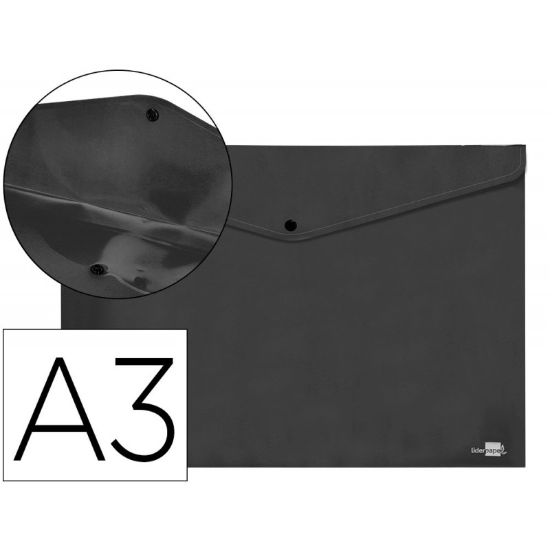 Pochette enveloppe liderpapel polypropylene 180 microns a3 420x297mm 50f fermeture bouton resistant noir opaque