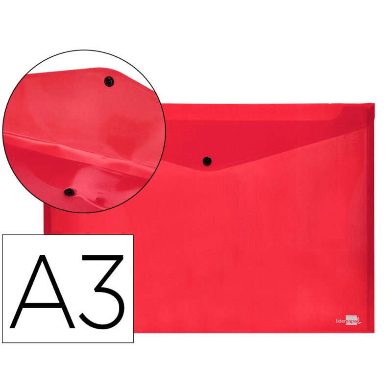 Pochette enveloppe liderpapel polypropylene 180 microns a3 420x297mm 50f fermeture bouton resistant rouge
