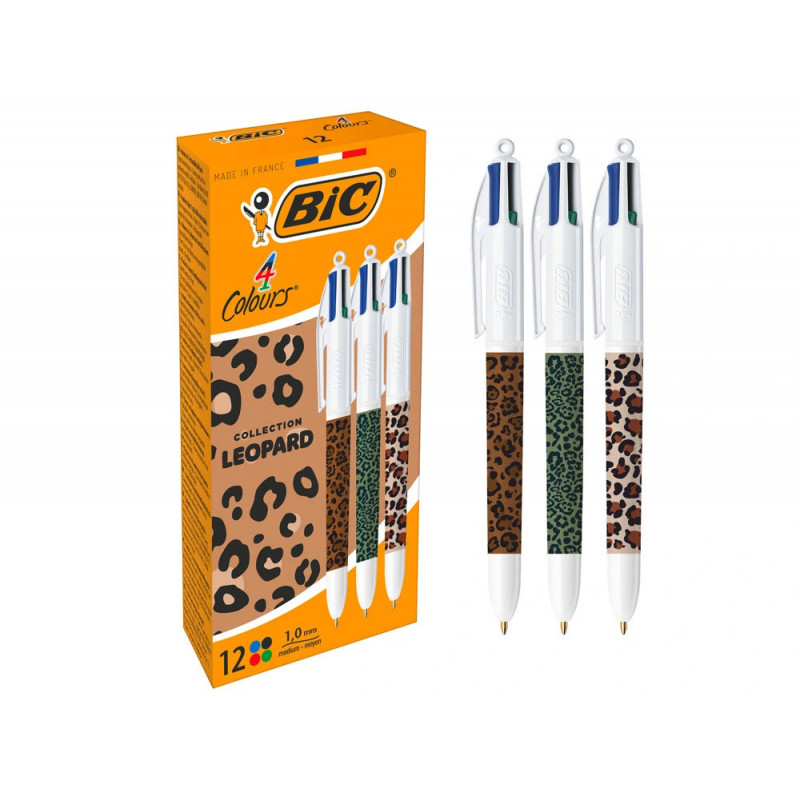 Stylo-bille bic 4 couleurs pointe moyenne 1mm retractable corps imprime leopard assortis
