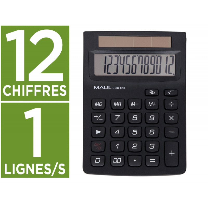 Calculatrice maul bureau eco 650 12 chiffres ecran 1 ligne 3 touches memoires touche pourcentage racines coloris noir