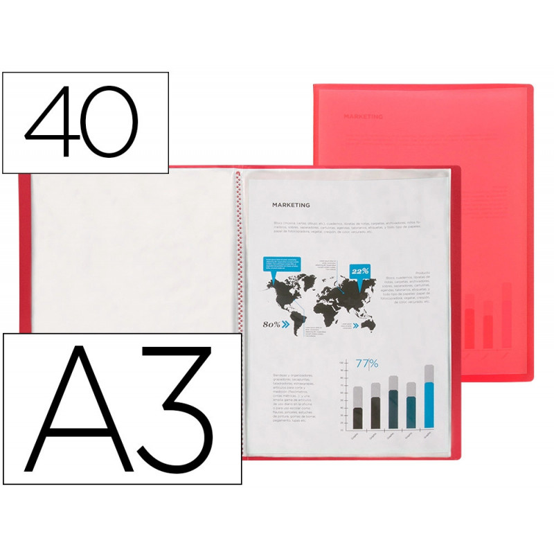 Protege-documents liderpapel 40 pochettes pp din a3 coloris rouge translucide