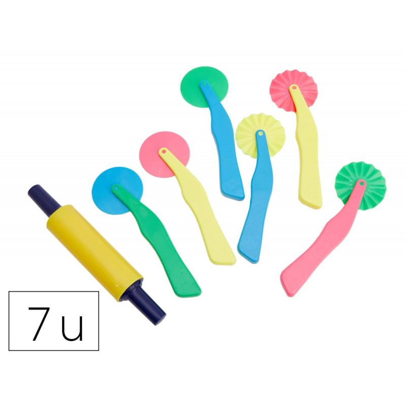 Roulette pate a modeler o'color plastique 2 modeles assortis coloris assortis lot 6 unites + 1 rouleau lisse