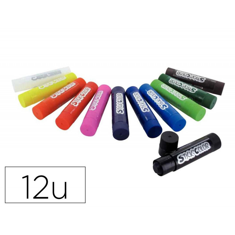 Baton gouache stick'color solide tous supports coloris vifs assortis boite 12 unites