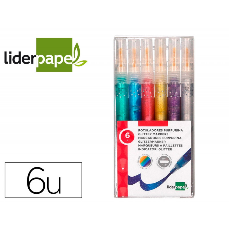 Feutre liderpapel encre metallisee pailletee double pointe etui de 6u assorties