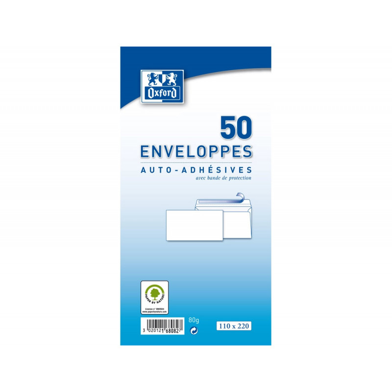 Enveloppes blanches oxford recycle auto adhesives avec bande de protection 80 g 110x220 mm 50 unites
