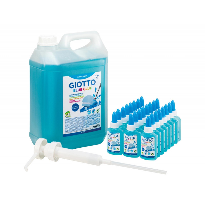 Classpack colle bleue giotto sans solvant lavable usage papier et carton 24 flacons 37ml 1 bidon 5kg et 1 pompe