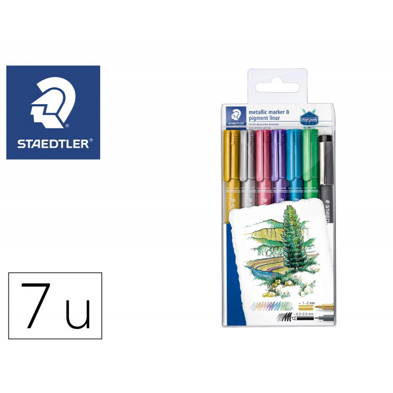 Marqueurs staedtler metallic markers coloris assortis etui de 6 + 1 feutre pigment liner c2-9 offert