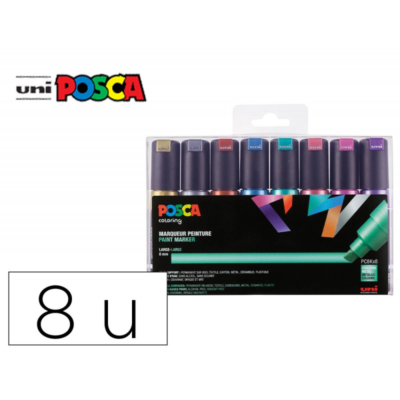 Marqueur posca pc8k pointe biseautee trait 8mm coloris metallises assortis boite 8 unites