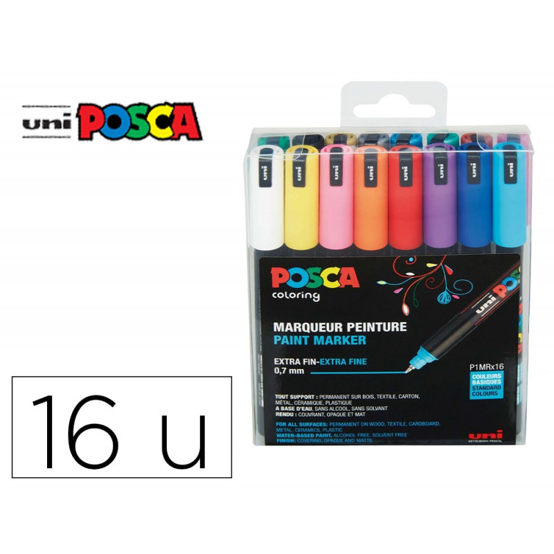 Marqueur posca pc1mr pointe calibree extra fine trait 0,7mm coloris assortis boite 16 unites
