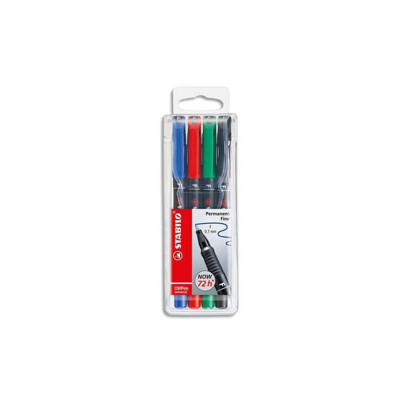 STABILO OHPen marqueur permanent pointe fine (0,7 mm) - Pochette de 4 marqueurs - Noir/Bleu/Rouge/Vert