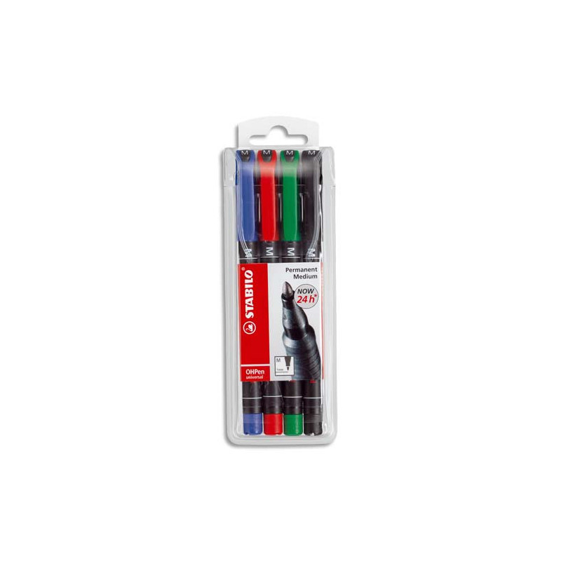 STABILO OHPen marqueur permanent pointe moyenne (1 mm) - Pochette de 4 marqueurs - Noir/Bleu/Rouge/Vert