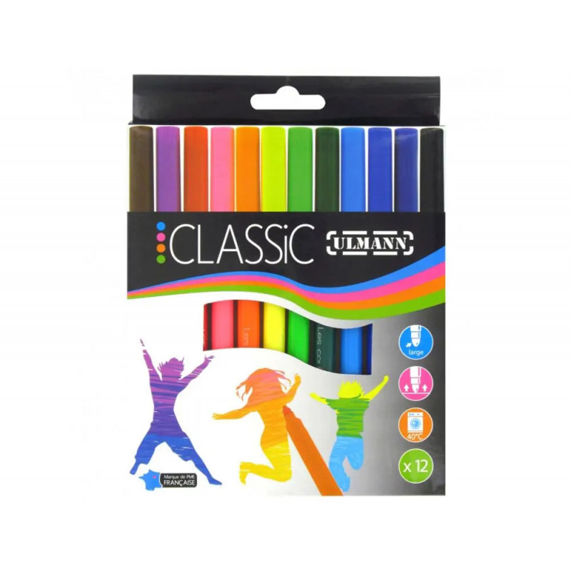 Pochette feutres de coloriage ulmann pointe large bloquee 12 unites coloris assortis