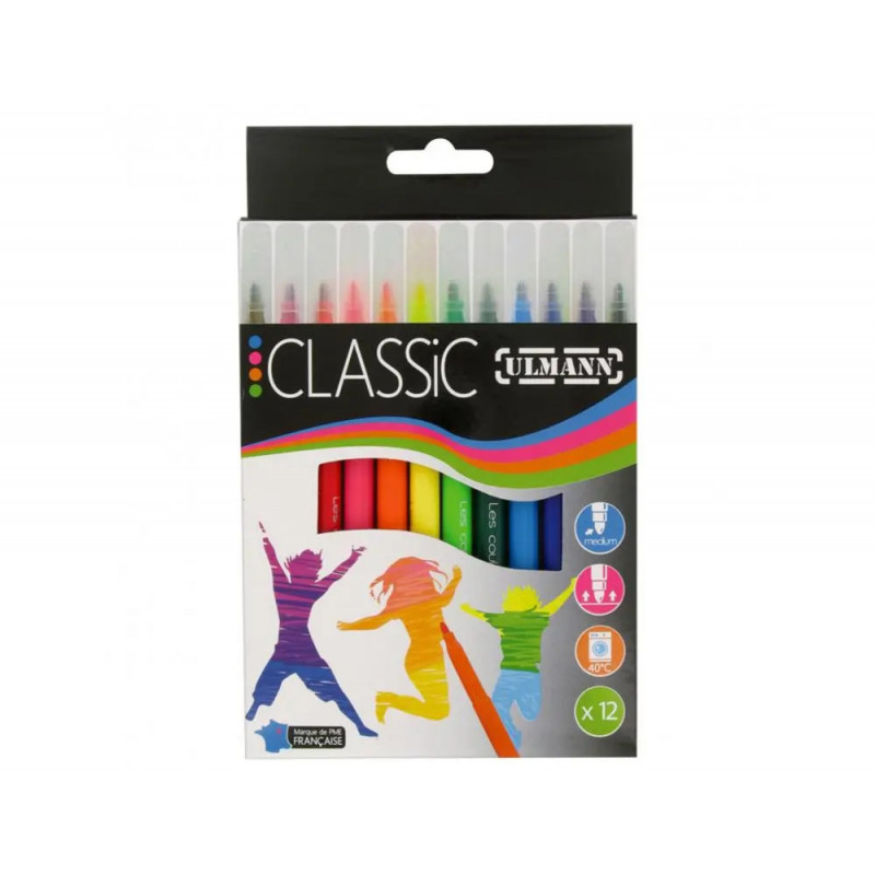 Pochette feutres de coloriage ulmann pointe moyenne bloquee 12 unites coloris assortis