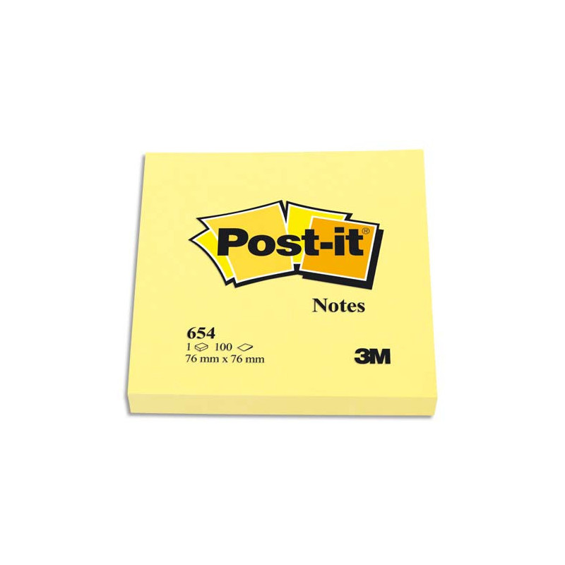 POST-IT Bloc néon repositionnable de 100 feuilles 76 x 76 mm Jaune 654NY