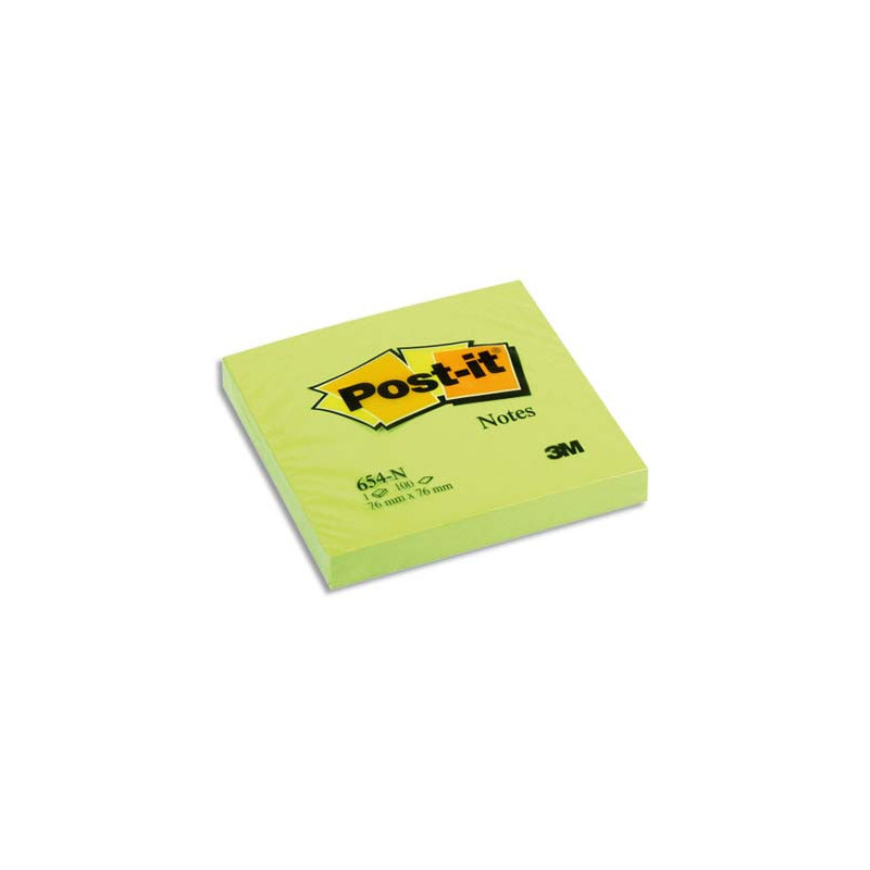 POST-IT Bloc néon repositionnable de 100 feuilles 76 x 76 mm Vert 654NG
