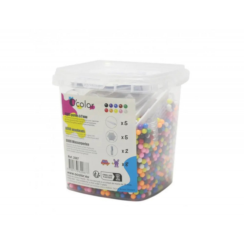 Aquaperles ocolor 5mm + 5 plaques + 2 vaporisateurs + 5 pinces + 8 motifs coloris assortis bac de 6000 perles