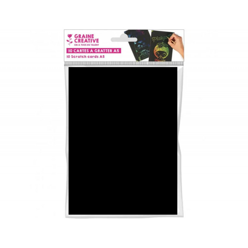 Pochette cartes a gratter noir sans batonnet graine creative 15x21 cm 10 unites noir sur fond arc en ciel