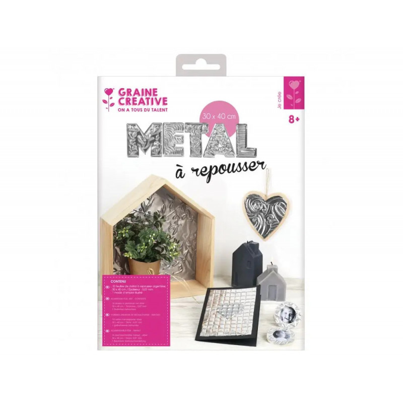Pochette feuilles aluminium metal a repousser graine creative 40x30cm 10 feuilles coloris argent