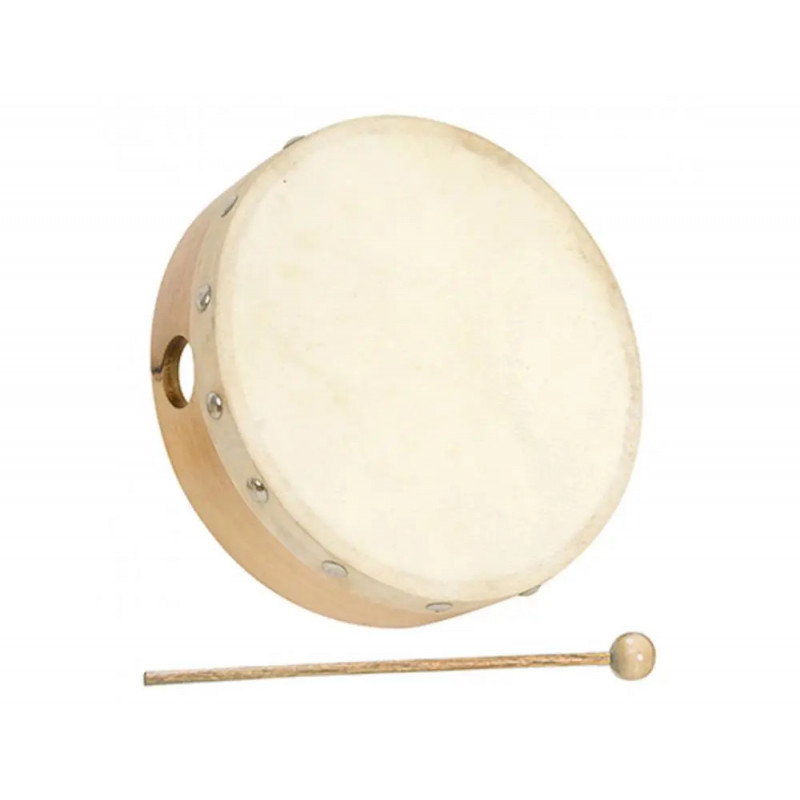 Tambourin fuzeau sans cymbalette cerclage bois diametre 15cm livre avec mailloche