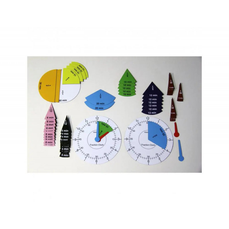 Apprentissage de l ehure et minutes wissner set horloge et fractions 1 cadran et 63 fractions colorees et