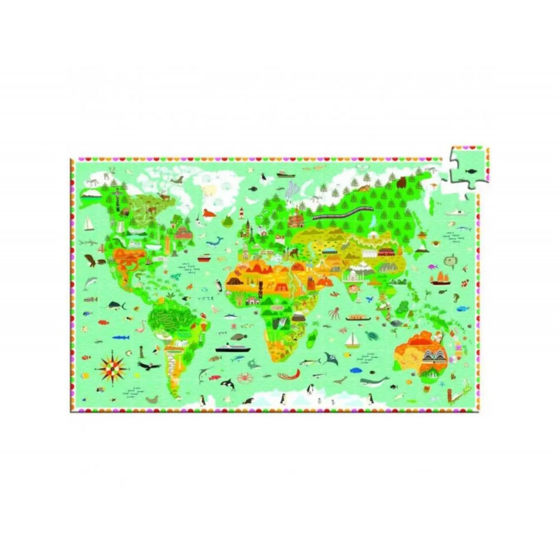 Puzzles cartes du monde djeco tour du monde 200 pieces 1 poster modele et 1 livret