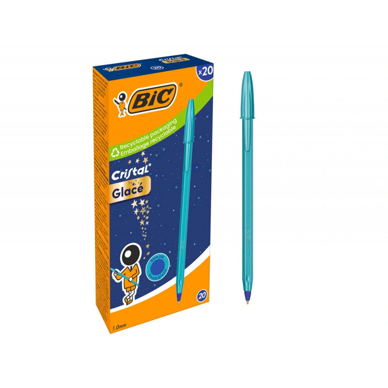 Stylo-bille bic cristal original glace pointe moyenne 1,0mm encre bleue classique capuchon coloris bleu
