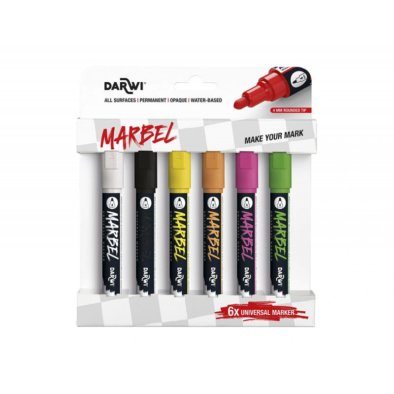 Marqueur darwi marbel universel pointe ronde medium 4mm coloris assortis fluo set 6 unites