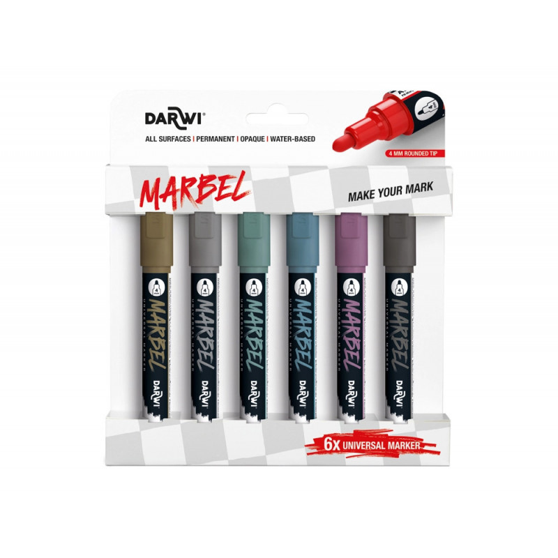 Marqueur darwi marbel universel pointe ronde medium 4mm coloris assortis metallique set 6 unites