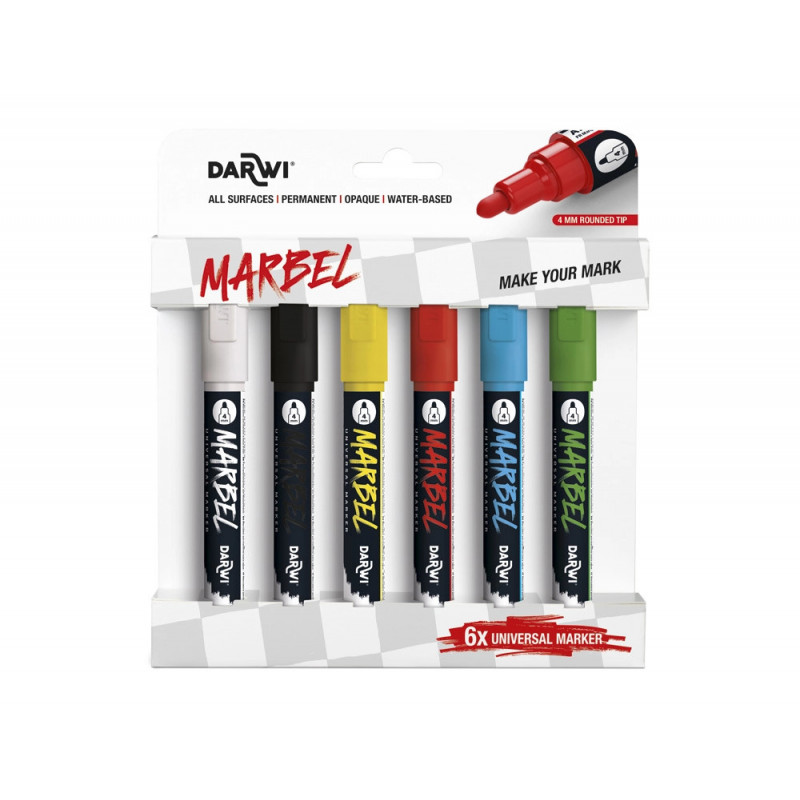 Marqueur darwi marbel universel pointe ronde medium 4mm coloris assortis primaire set 6 unites