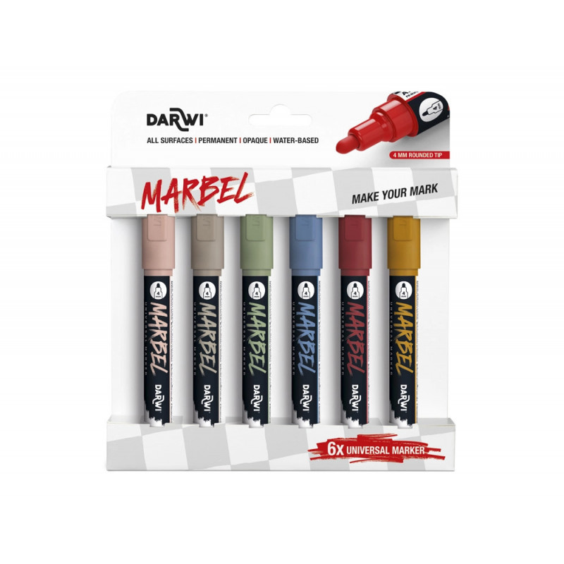 Marqueur darwi marbel universel pointe ronde medium 4mm coloris assortis nature set 6 unites