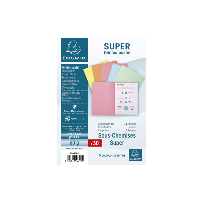 EXACOMPTA Paquet de 30 sous-chemises SUPER 60 en carte 60 grammes coloris assortis pastels