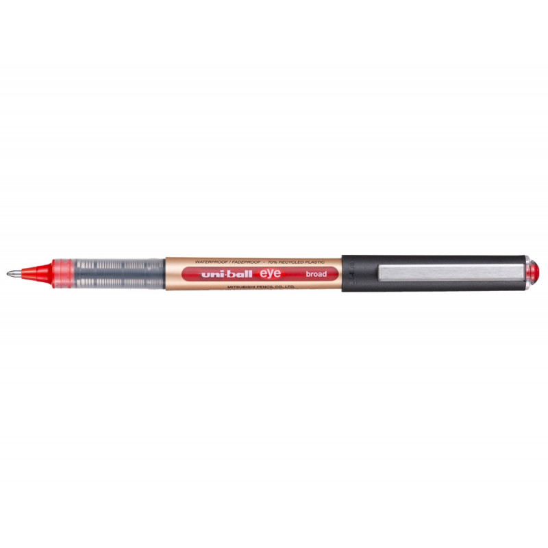 Roller uniball eye plastique recycle encre liquide ecriture large pointe metal coloris rouge