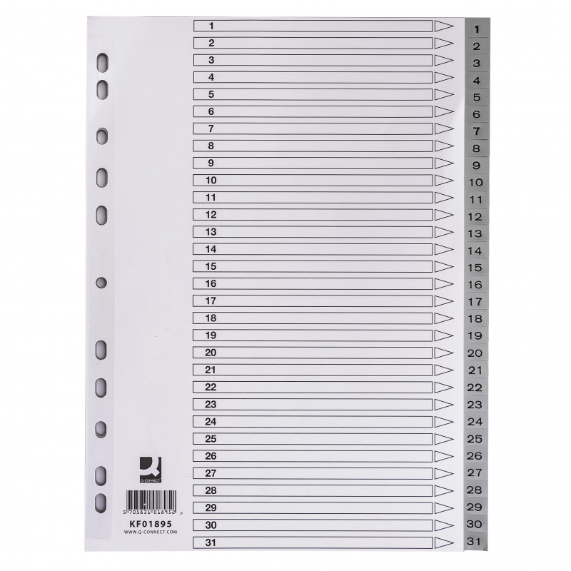 Intercalaire q-connect numerique 1-31 plastique 31 positions a4 indice multiperfore