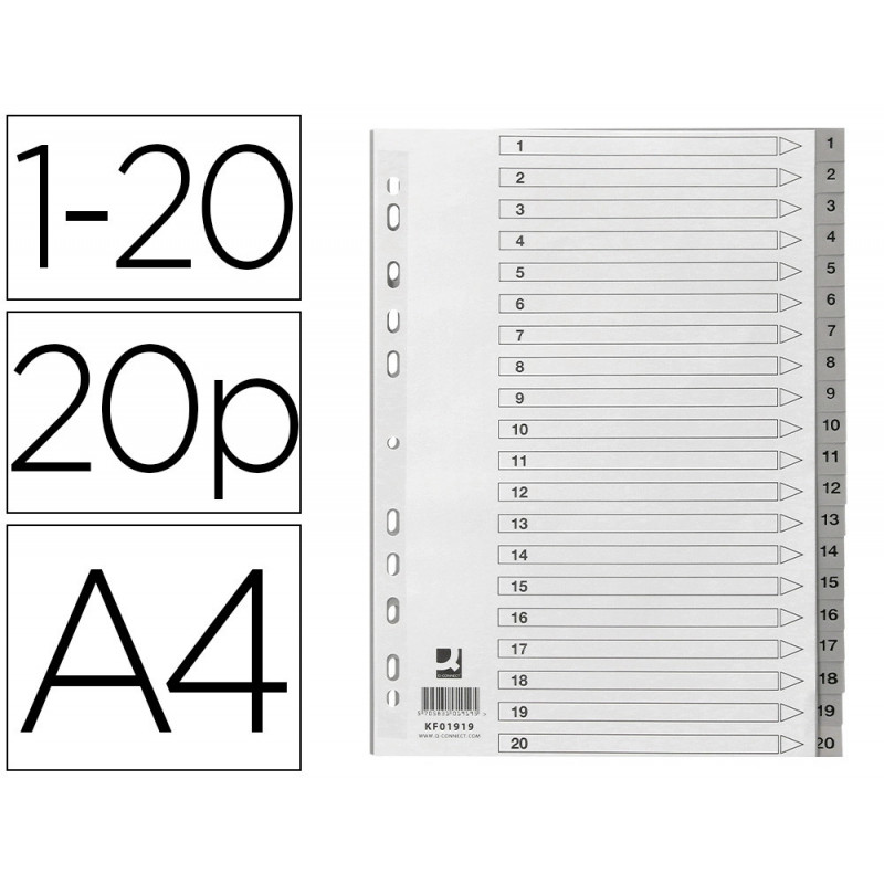 Intercalaire q-connect numerique 1-20 plastique 20 positions a4 indice multiperfore