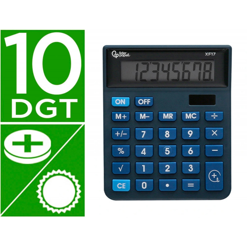Calculatrice de bureau liderpapel xf17 8 chiffres solaire et piles 127x105x24 mm coloris bleu