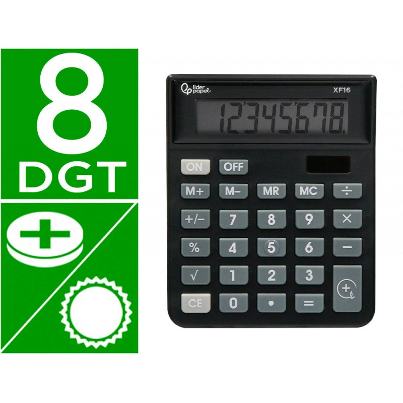 Calculatrice de bureau liderpapel xf16 8 chiffres solaire et piles 127x105x24 mm coloris noir