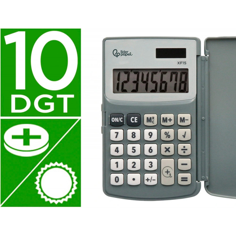 Calculatrice liderpapel de poche xf15 10 chiffres avec couvercle solaire et piles coloris gris 123x75x12 mm