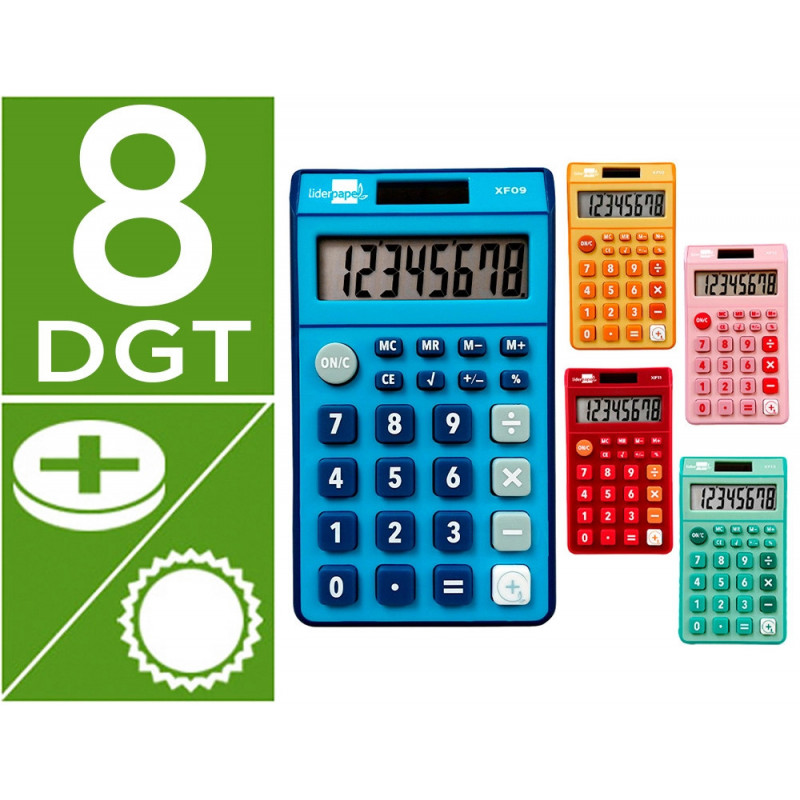 Calculatrice de poche liderpapel xf09 8 chiffres solaire et piles 115x65x8 mm presentoir de 16u