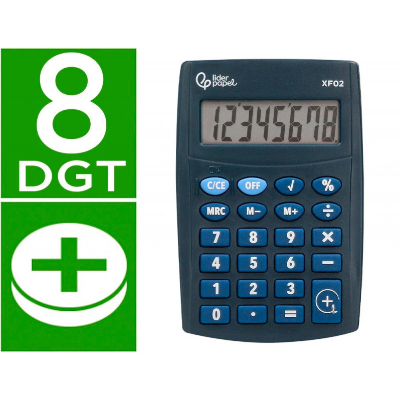 Calculatrice de poche liderpapel xf02 8 chiffres avec pile 99x64x9 mm coloris bleu