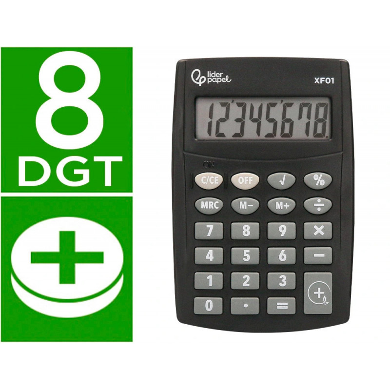 Calculatrice de poche liderpapel xf01 8 chiffres avec pile 99x64x9 mm coloris noir