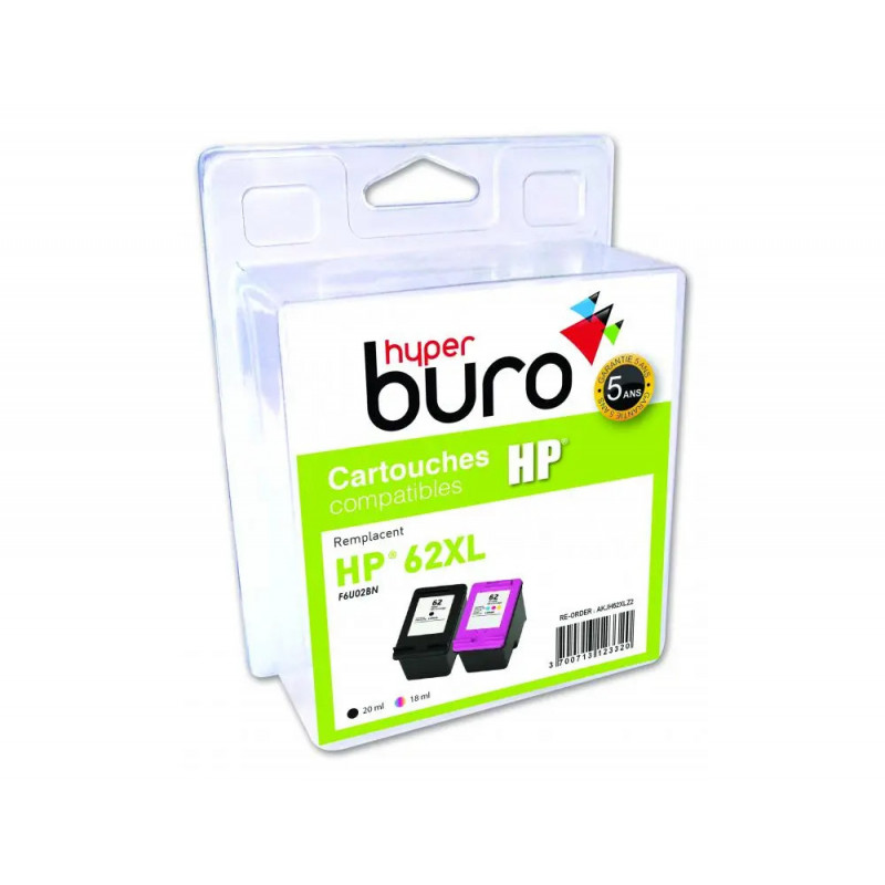 Pack de 2 cartouche hyperburo jet d'encre rema hp 62xl noire et couleur