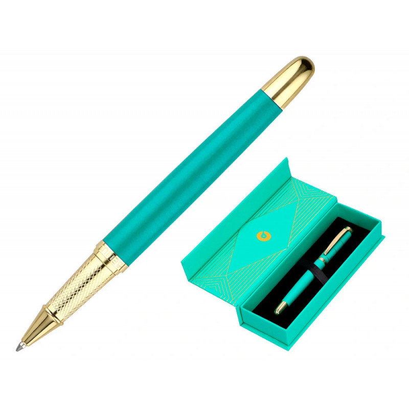 Stylo-bille belius soiree aluminium details et attributs or encre bleue coloris turquoise dans coffret cadeau
