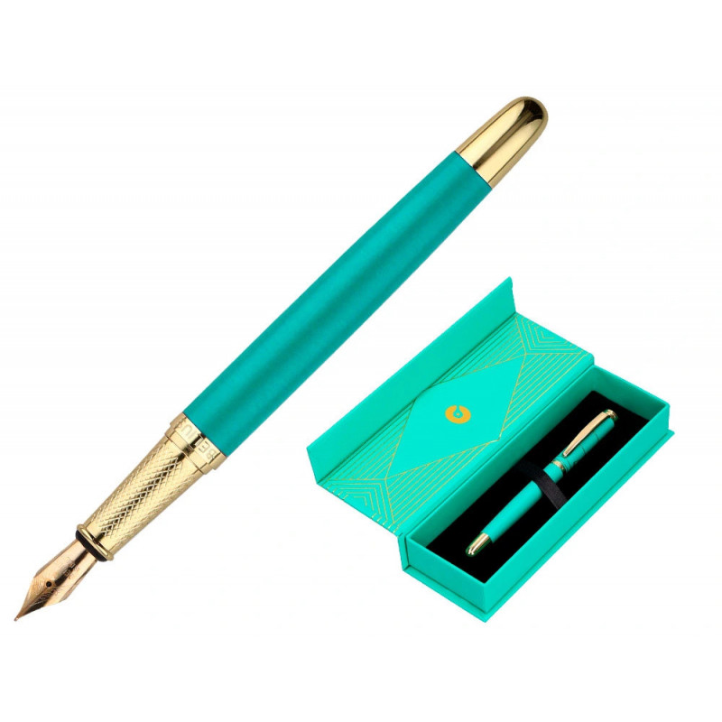 Stylo-plume belius soiree aluminium details et attributs or encre bleue coloris turquoise dans coffret cadeau