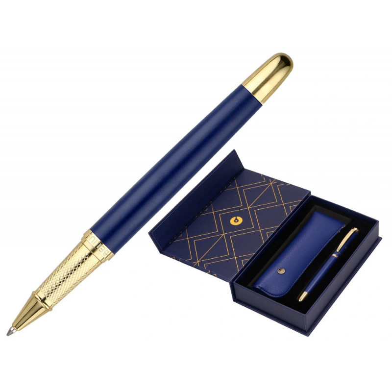 Stylo-bille et etui simili cuir belius soiree alum. details et attributs or encre bleue col. bleu marine coffret cadeau