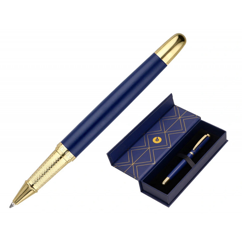 Stylo-bille belius soiree aluminium details et attributs or encre bleue coloris bleu marine dans coffret cadeau