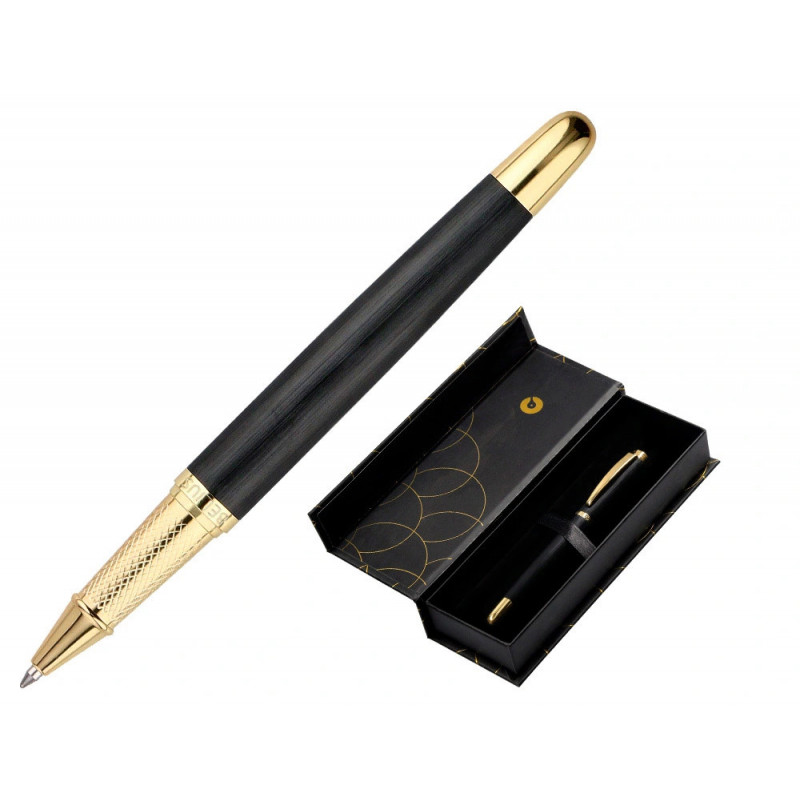 Stylo-bille belius passion aluminium brosse attributs or encre bleue coloris noir dans coffret cadeau