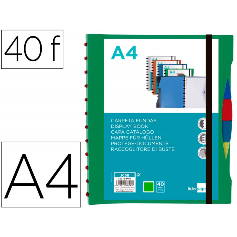 Protege-documents liderpapel personnalisable kangourou 40 pochettes amovibles 5 intercalaires a4 vert