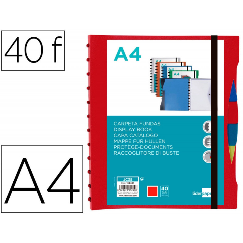 Protege-documents liderpapel personnalisable kangourou 40 pochettes amovibles 5 intercalaires a4 rouge